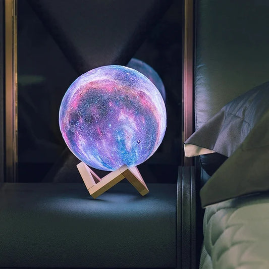 Colorful moon lamp on a stand in a bedroom setting