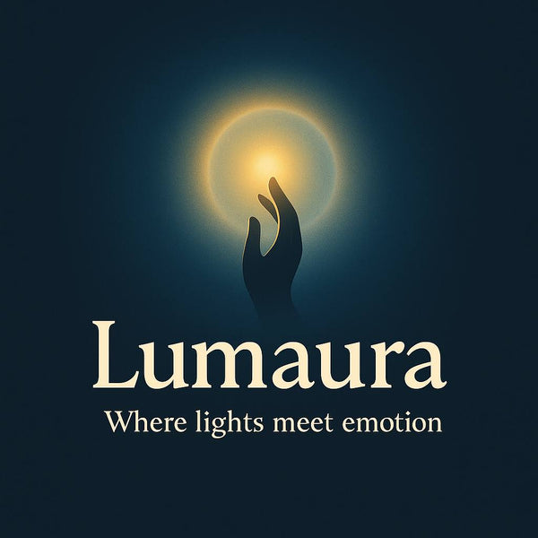 Lumaura brand logo with glowing hand and light symbol - Where lights meet emotion