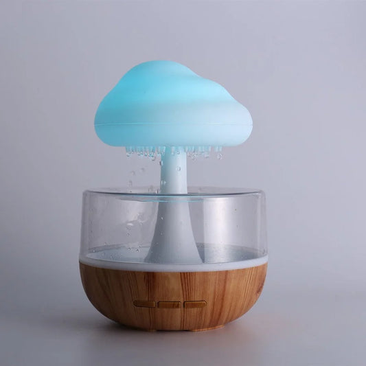 Mushroom-shaped humidifier with wooden base on a gray background