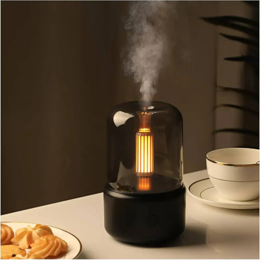Calming aroma diffuser glowing gently, releasing soothing mist for peaceful nights.