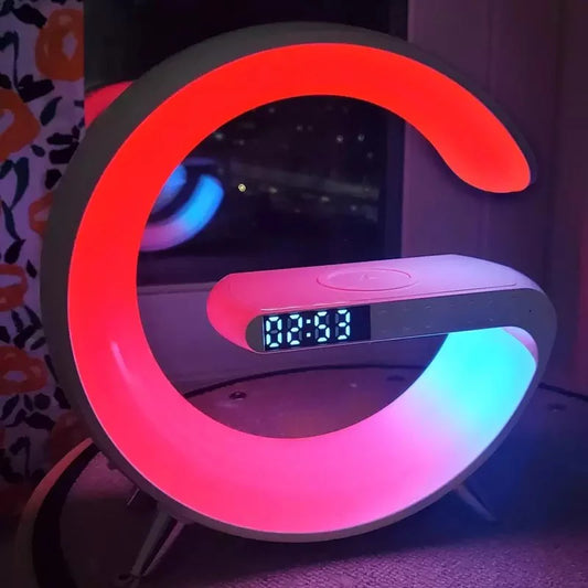 Neon letter 'G' with digital clock display on a dark background